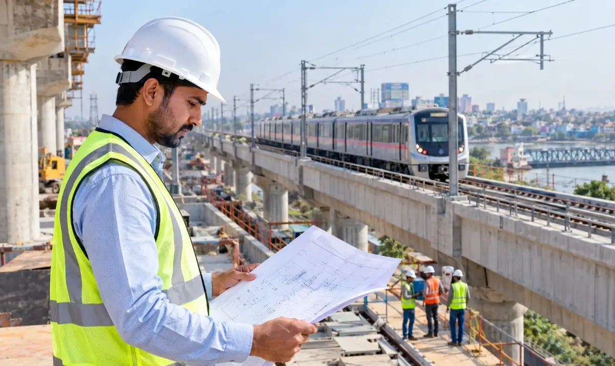 Indian railway engineer inspecting a metro infrastructure construction project